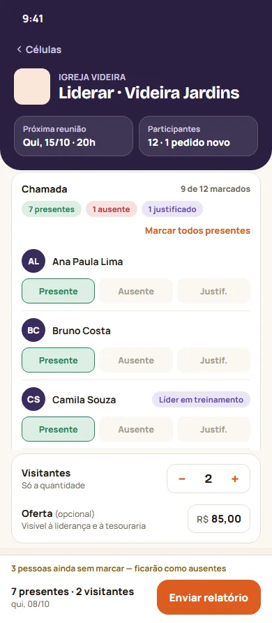 Relatório da célula no app do líder: chamada de presença, visitantes, oferta e botão Enviar relatório