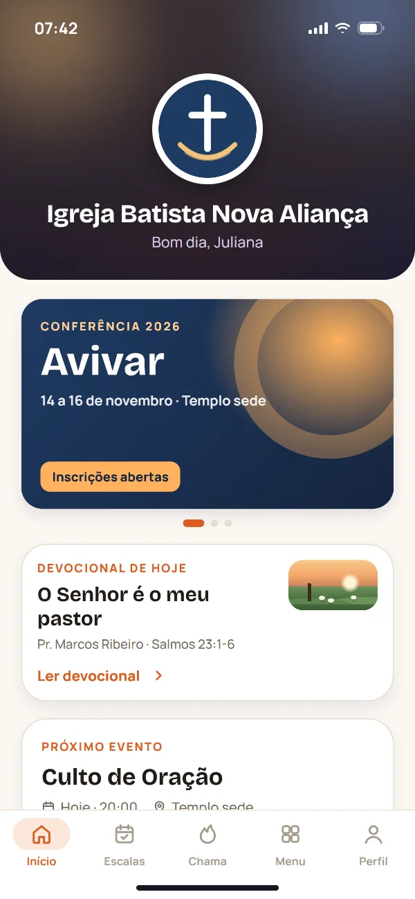 Início do app da igreja com banner de evento e devocional do dia